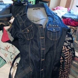 Denim Dress  with Brown Accents Ladies Gold Mine Blue Jean Dress Size Xlg